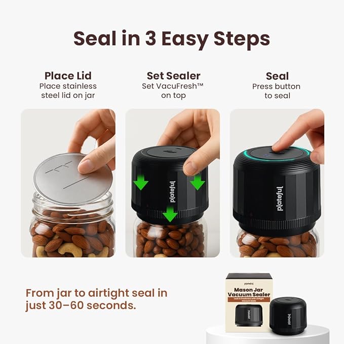 Plateful Electric Mason Jar Vacuum Sealer Kit (Lids Included) For Wide Mouth And Regular Mouth Jars, Portable Jar Vacuum Sealer, Canning Machine Food Storage, Includes Lids, Opener, Charger