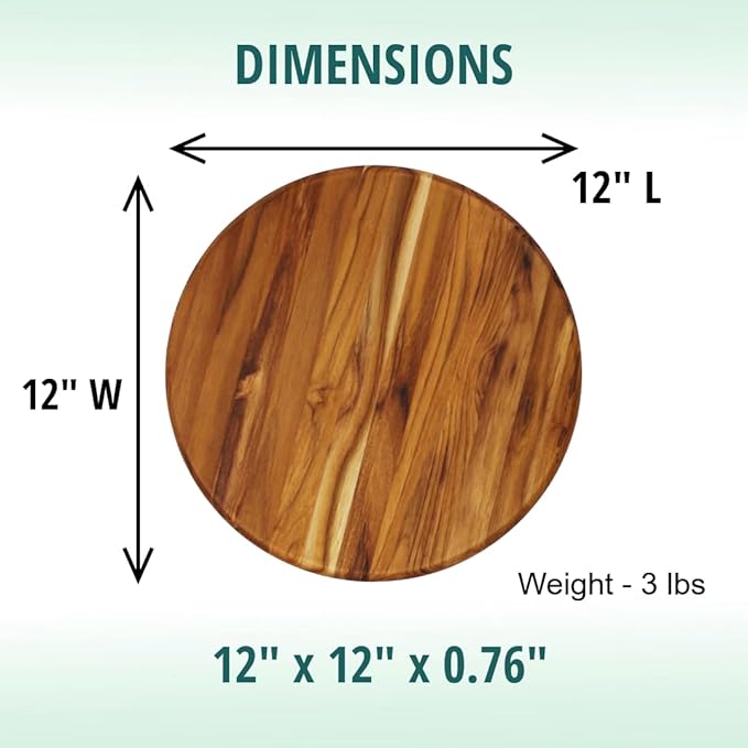 EcoDecors 12" Round Solid Teak Cutting Board, Edge Grain, FSC Certified, Large Premium Wood Carving Board for Kitchen