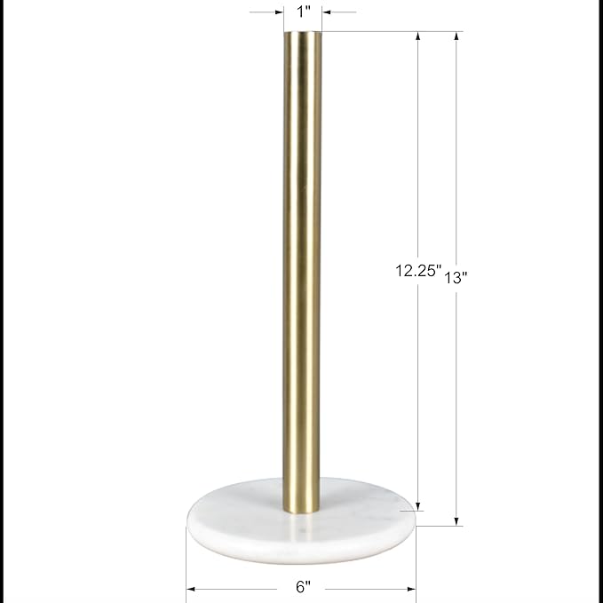 happimess PRH2000D Avery Modern Classic Metal with Non Slip Weighted Marble Base Paper Towel Holder, for Bathroom Kitchen Countertop, Standard or Jumbo-Sized Roll Paper, White/Gold
