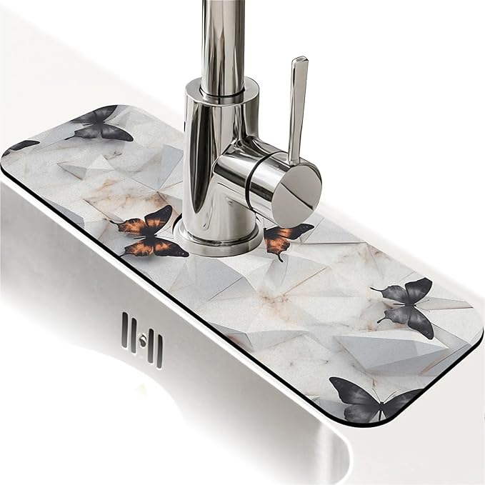 Kitchen Sink Splash Guard，marble butterfly golden Faucet Mat Sink Gadgets-Super Absorbent Fast Drying Mat Drip Catcher for Kitchen, Bathroom,Sink Mat, Dish Drying Mat, Bathroom(15" X 5.5" )