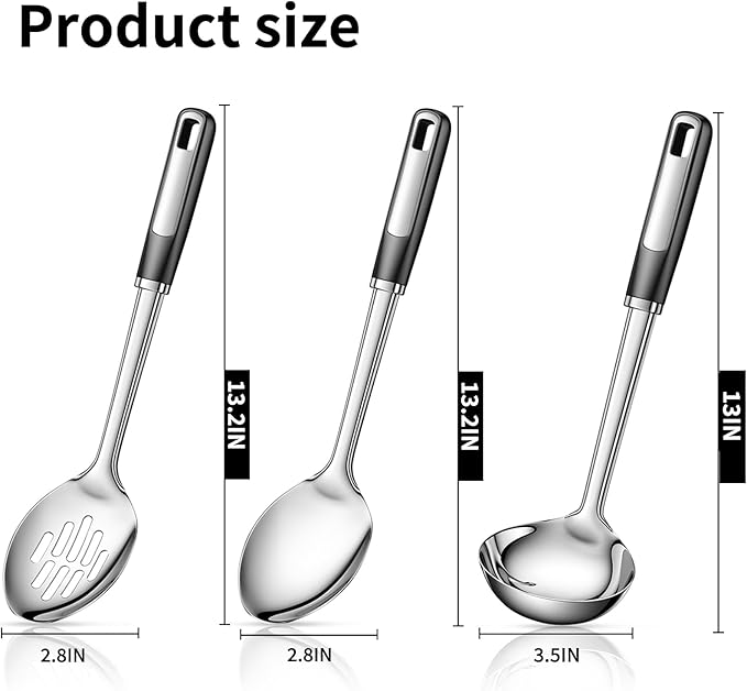 3-Piece Stainless Steel Serving Spoons Set – Includes Slotted Spoon, Serving Spoon & Soup Ladle, Heat-Resistant, Dishwasher Safe, Ergonomic Handles for Home & Commercial Use
