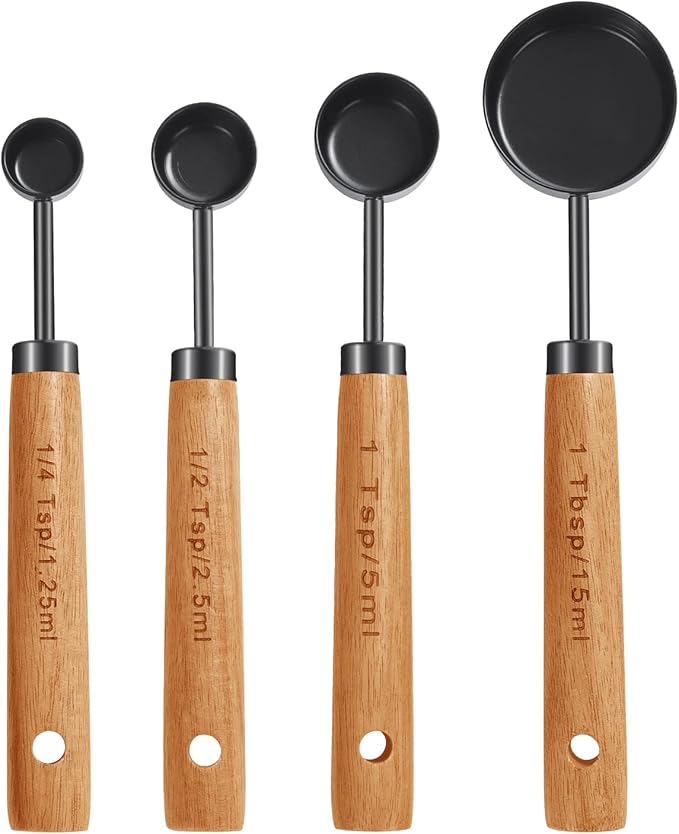 GuDoQi 8pcs Measuring Cups and Spoons Set Wood Handle Golden Stainless Steel Measuring Cups and Spoons，Measurements, US Measurements Dry & Liquid Kitchen Measure Set for Cooking and Baking, Black
