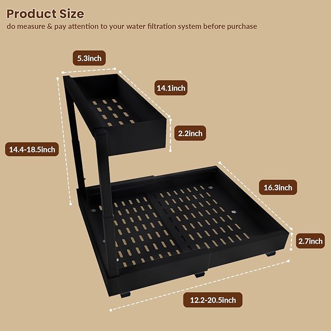 Under Sink Organizer Pull Out, 2 Tier Expandable Under Sink Storage for Kitchen & Bathroom, Adjustable Height (14.4"-18.5") Width (12.2"-20.5"), Heavy Duty 3-Slide Rail System, Black