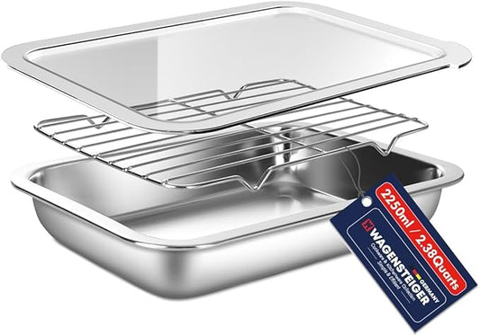 Stainless Steel Food Prep Container Set with Rack & Transparent Lid, Catering Pan, Restaurant Pan, Buffet Party Pans, Hotel Pans, Food Storage (10.63 x 7.87 x 2 inches / 2.38Quarts)