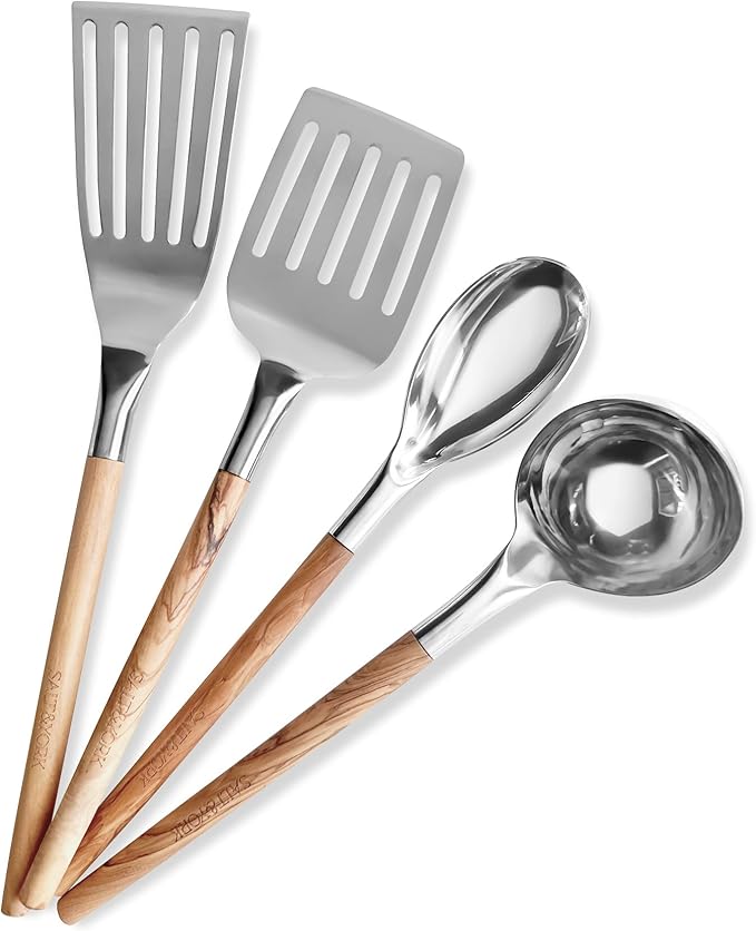 Premium Cooking Utensil Set – Salt & York 4-Piece Olive Wood and Stainless Steel Non-toxic Kitchen Tools with Handcrafted Wooden Handles – Spatula, Ladle, Spoon – Gift for Home Cooks, Kitchen Gift