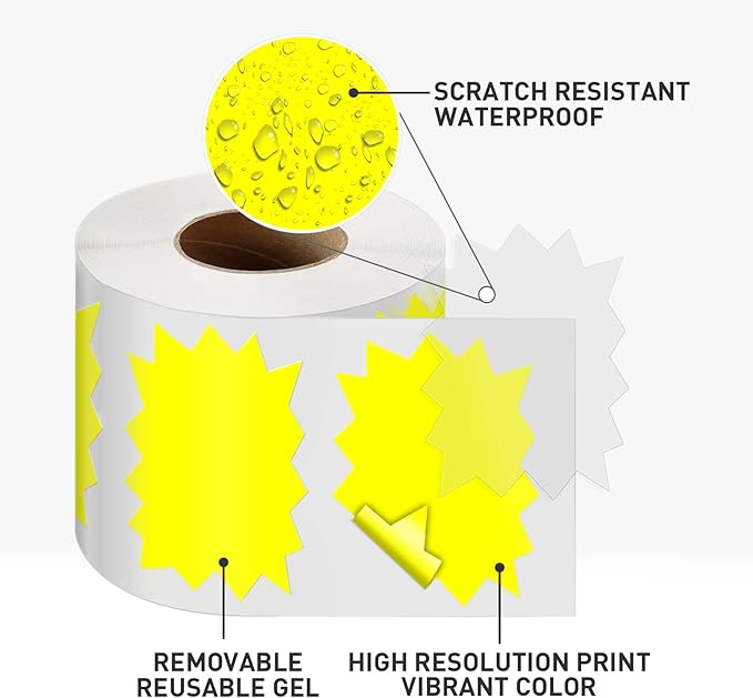 Price Tags Stickers Yellow 4 x 3 Inches Self-Adhesive Large Sale Sticker Starburst Signs Removable Waterproof Labels for Retail Store Market Business 500 PCS