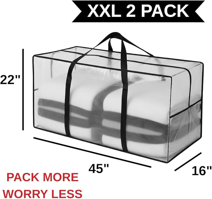 68.5 GAL 2 Pack XXL Jumbo Extra Large Heavy Duty Stronger Handles Storage Bags Moving Totes Zippered Reusable Wrap Around Handle Storage Totes (Clear/Transparent)