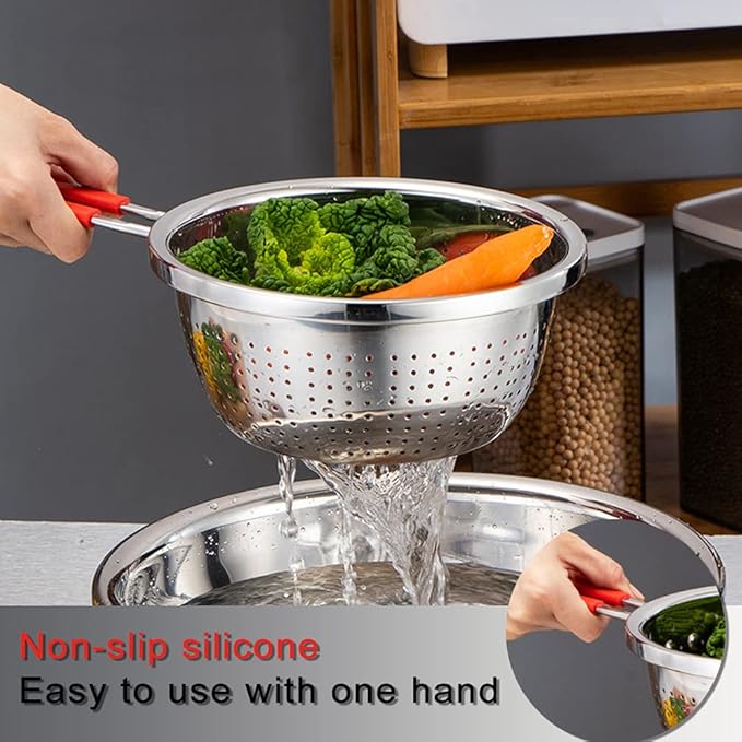 Contiup Stainless Steel Perforated Metal Colander Strainer with Long Red Handle Sieve Sifters Use for Kitchen Food Pasta Noodles Spaghetti Vegetables Silver - 10.24 inch (C072-Mer-26)
