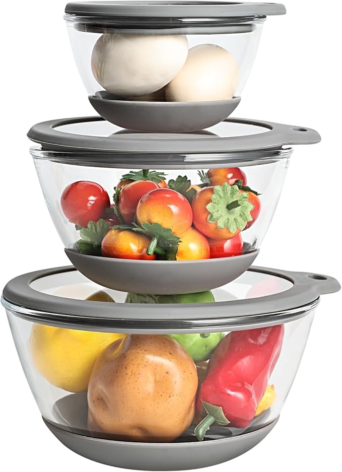 Mrs. Chou Glass Mixing Bowls HEAVY DUTY Top Choice for High-end Kitchens Extra-thick Glass Mixing Bowl Set of 3 with BPA-Free Airtight Lids Large Nesting Bowls with Non-Slip Silicone Base Well-made