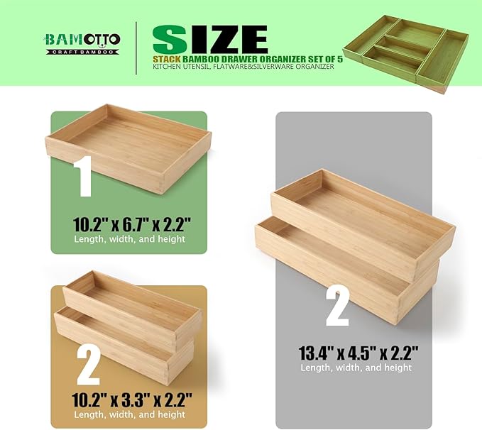BAMOTTO CRAFTBAMBOO Stack Bamboo Drawer Organizer Set of 5, Kitchen Utensil, Flatware&Silverware Organizer-Wood Laminated Stackable for Kitchen, Bedroom, 13.4''x4.5''*2+10.2''x3.3''*2+10.2''x6.7''*1