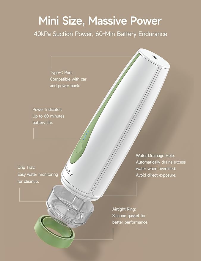 HiCOZY Vacuum Sealer for Food with Visible Water Tank, Powerful Compact Handheld Vacuum Sealer Machine with LED Battery Display, 30 BPA-Free and Reusable Bags, Green