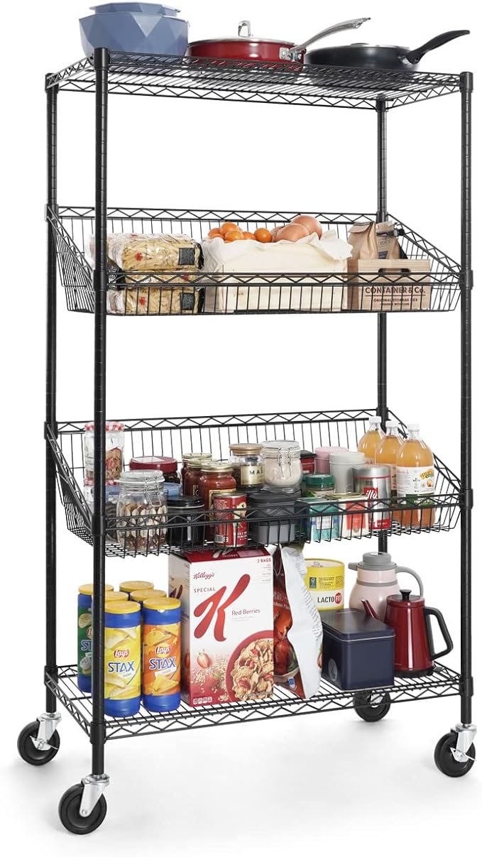 CAPHAUS NSF Commercial Heavy Duty 4 Tier Wire Shelving with Two Trapezoid Baskets, Wheels, Leveling Feet, Black Storage Shelf for Basement Garage and Utility Storage