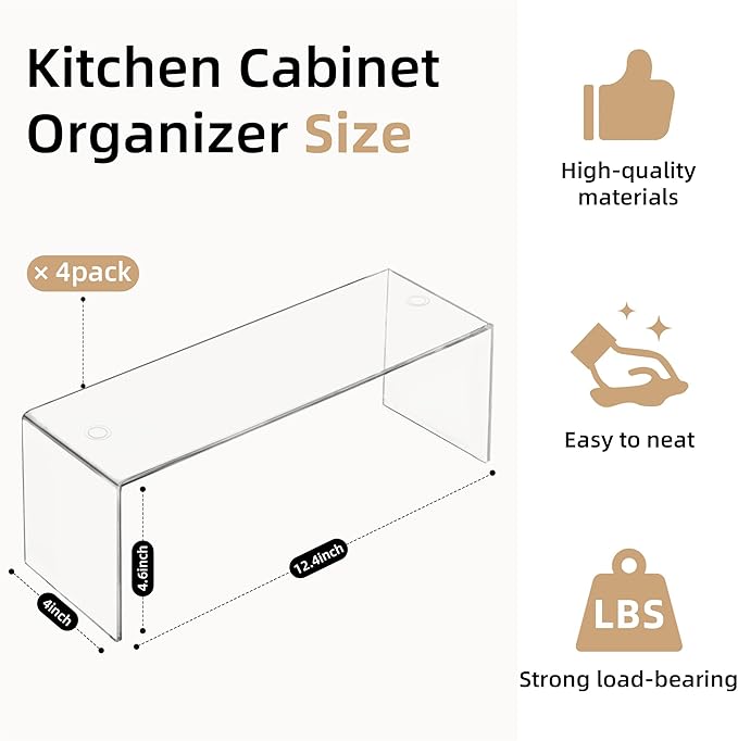 4 Packs Cabinet Organizer Shelf, Acrylic Kitchen Counter Shelves Organizer, Spice Rack for Dishes, Spices, Soda Cans and Bottles（12.4 x 4 x 4.6 inch）
