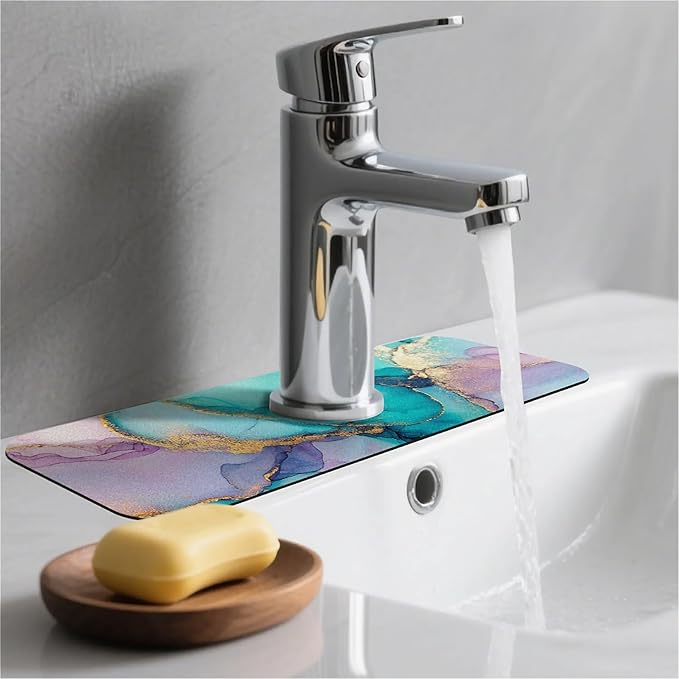 Kitchen Sink Splash Guard，Turquoise lilac gold marble Faucet Mat Sink Gadgets-Super Absorbent Fast Drying Mat Drip Catcher for Kitchen, Bathroom,Sink Mat, Dish Drying Mat, Bathroom(15" X 5.5" )
