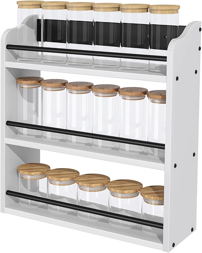 BCOZLUX 3 Tier Wooden Spice Rack, Seasoning Jars Rack Shelf Spice Organizer for Countertop or Wall Mount, Vertical Spice Holder for Kitchen Counter, Cabinet, Pantry, White