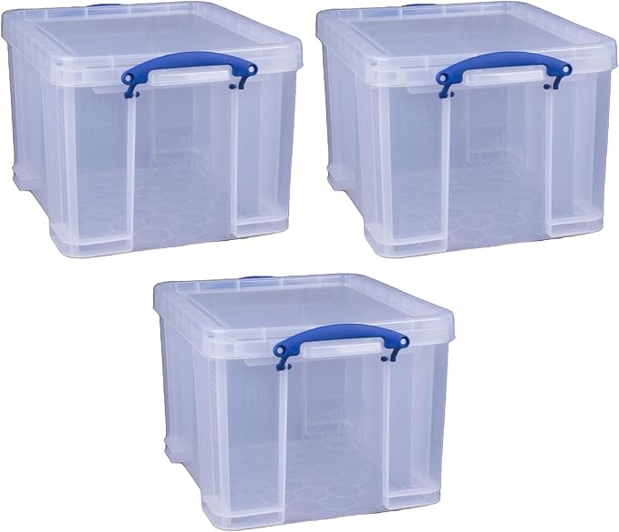Really Useful Box 32 Liters Storage Bin Container with Snap Lid and Clip Lock Handles for Lidded Home and Office Storage Organization, 12 Pack