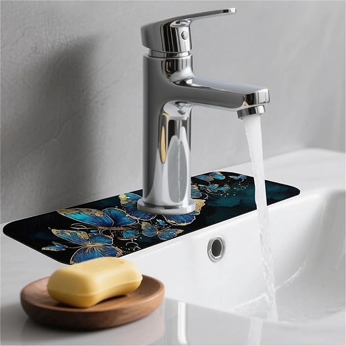 Kitchen Sink Splash Guard，Beautiful blue butterfly Faucet Mat Sink Gadgets-Super Absorbent Fast Drying Mat Drip Catcher for Kitchen, Bathroom,Sink Mat, Dish Drying Mat, Bathroom(15" X 5.5" )