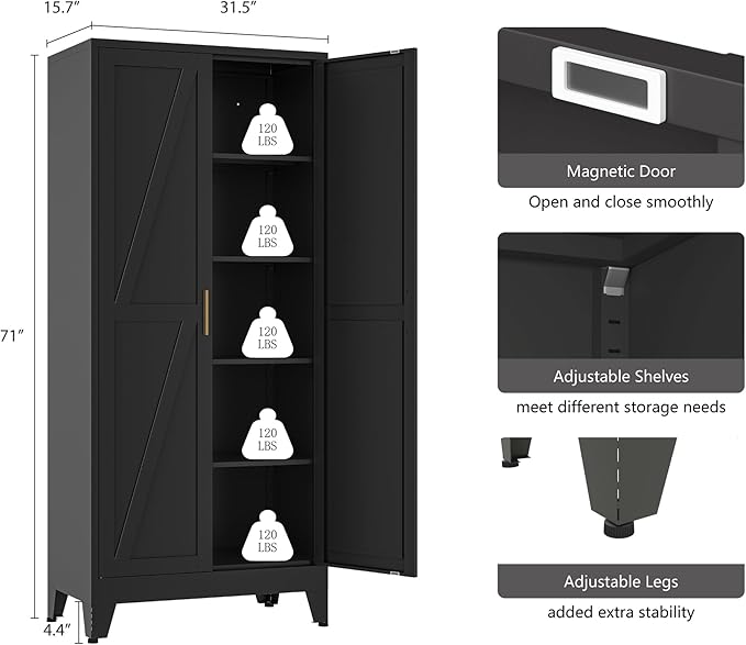 71''Metal Cabinet with 4 Adjustable Shelves,5-Tier Pantry Storage Cabinet,Kitchen Pantry Cabinet for Living Room,Dining Room, Black