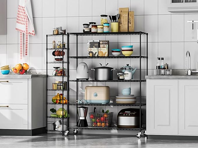 5 Tier NSF Wire Shelf Shelving Unit, 24 x 60 x 82 Inch 7500lbs Capacity Heavy Duty Adjustable Storage Metal Rack with Wheels/Leveling Feet & Shelf Liners, Ideal for Garage, Kitchen, and More - Black