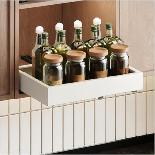 Fokyfok Pull out Cabinet Organizer,Width (11"-18") and Depth (10"-13") Expandable,No Drill Adjustable Slide out Drawers for Pantry,Adhesive Roll out Shelves Short,for upper cabinet,White