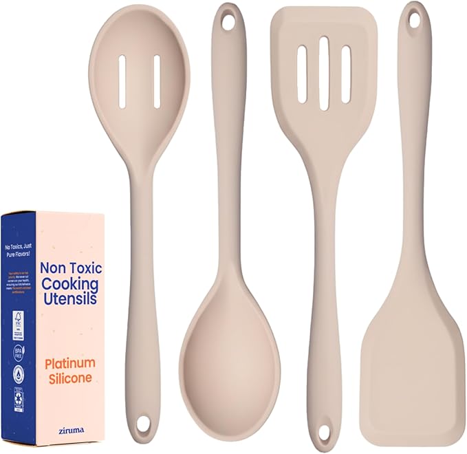 Non-Toxic Platinum Silicone Kitchen Utensil Set of 4 – Non-Scratch Cooking Spoon & Spatula, 100% Plastic Free, Stainless Steel Core, Heat Resistant 500°F, Beige