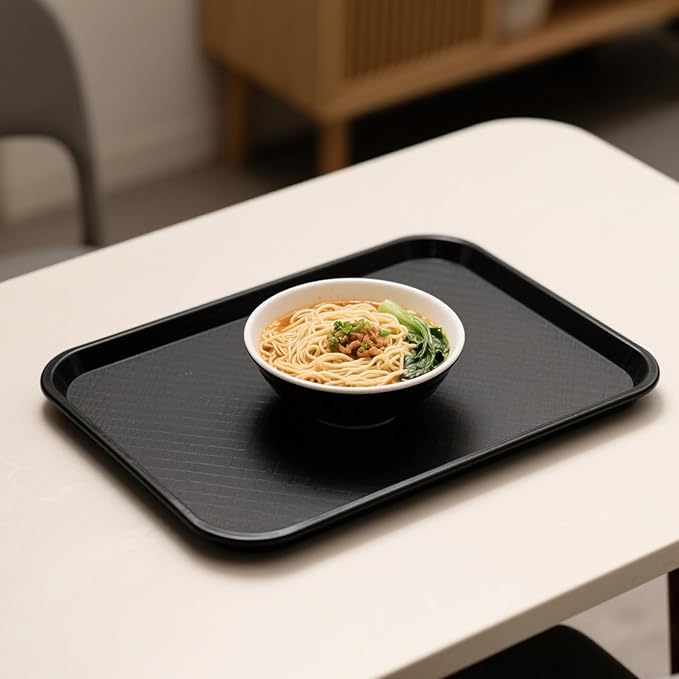 MAHIONG 12 Pack 16 x 12 Inch Black Fast Food Tray, Large Rectangular Restaurant Serving Trays, Plastic Cafeteria Trays School Lunch Trays