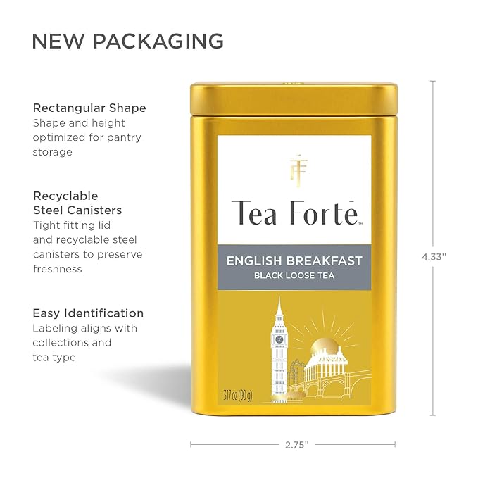 Tea Forte English Breakfast Premium Loose Leaf Caffeinated Black Tea Blend Canister, Makes 35-50 Cups