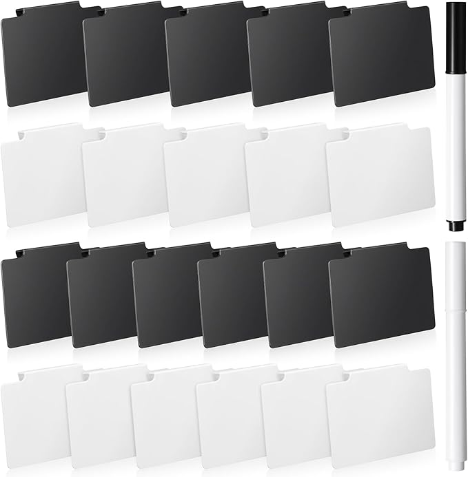 Chinco 24 Pcs Basket Label Clips Set Include 30 Removable Kitchen Clip Label Holder PVC Storage Bin with 2 Chalk Markers for Basket Kitchen Pantry Organization (White Black Clip,White Black Pen)