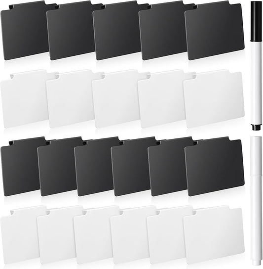 Chinco 24 Pcs Basket Label Clips Set Include 30 Removable Kitchen Clip Label Holder PVC Storage Bin with 2 Chalk Markers for Basket Kitchen Pantry Organization (White Black Clip,White Black Pen)