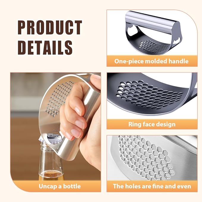 2026 New Heavy Duty Stainless Steel Garlic Press - Garlic Crusher Tool with Peeler and Cleaning Brush, Essential Kitchen Gadgets for Garlic Lovers (1 set)