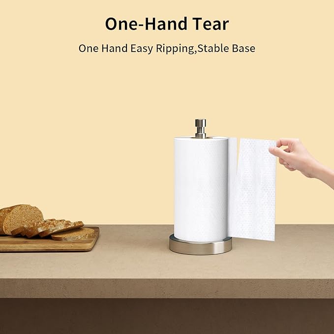 Paper Towel Holder Countertop, Black Paper Towel Holder with Weighted Base Non Slip, Standing Paper Towel Roll Holder for Kitchen Bathroom, Easy One-Handed Operation, Stainles Steel (Brushed Nickel)