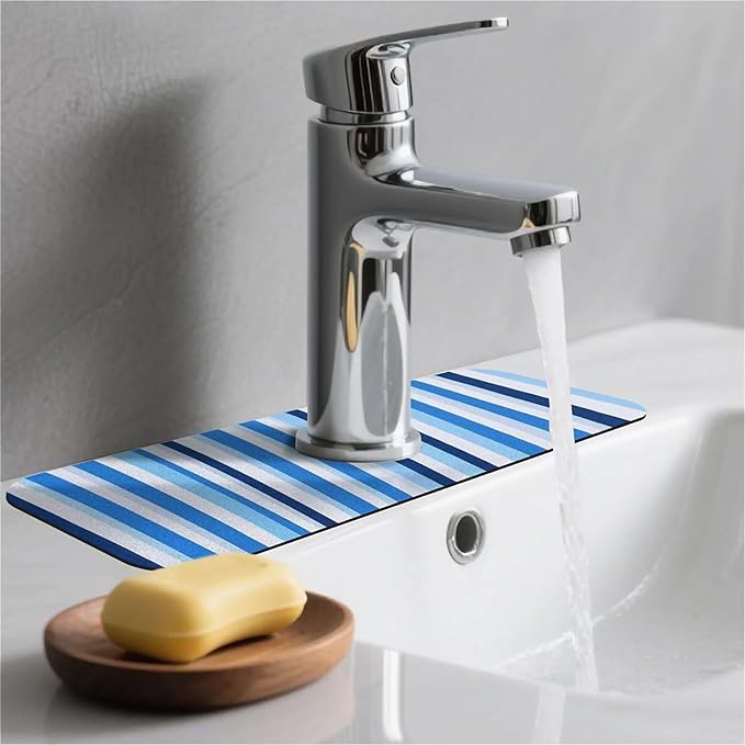 Kitchen Sink Splash Guard，Blue and white stripes Faucet Mat Sink Gadgets-Super Absorbent Fast Drying Mat Drip Catcher for Kitchen, Bathroom,Sink Mat, Dish Drying Mat, Bathroom(15" X 5.5" )