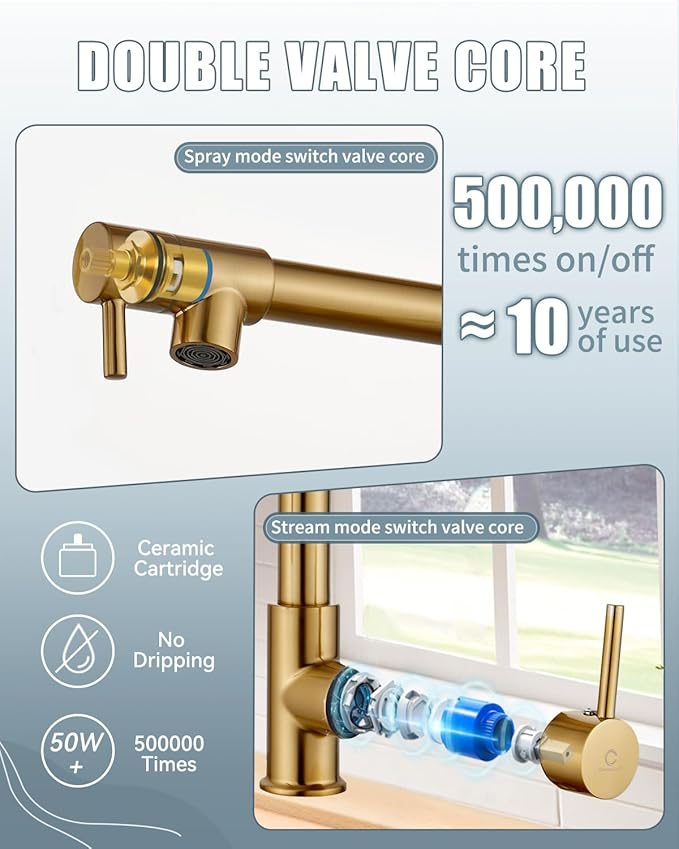 Kitchen Faucets with Pull Down Sprayer, Brushed Gold Faucet for Kitchen Sink with Dual Function Spray Head, Commercial Spring Single Hole Kitchen Sink Faucet with Dual Function Spray Head