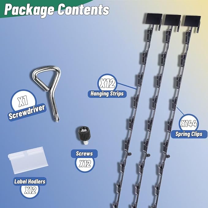 12Pcs Merchandising Hanging Strips with Hooks, 31 Inch Chip Rack with Label Header and 144 Clips, Potato Chip Bag Holder for Party, Concession, Snack & Store Retail Display, Black