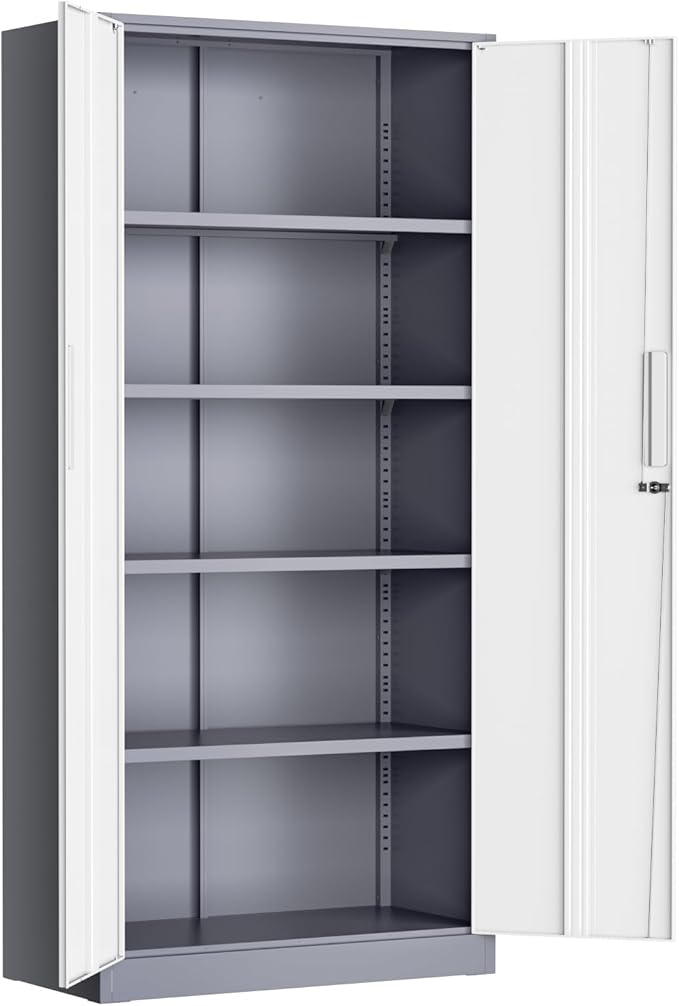 Greenvelly Metal Lockable Storage Cabinet, 72” Storage Cabinet with 2 Doors and 4 Adjustable Shelves for Office, Home, Garage, Pantry (Assembly Required, Grey White)