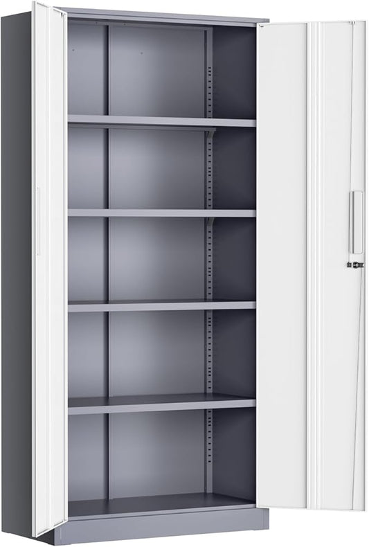 Greenvelly Metal Lockable Storage Cabinet, 72” Storage Cabinet with 2 Doors and 4 Adjustable Shelves for Office, Home, Garage, Pantry (Assembly Required, Grey White)