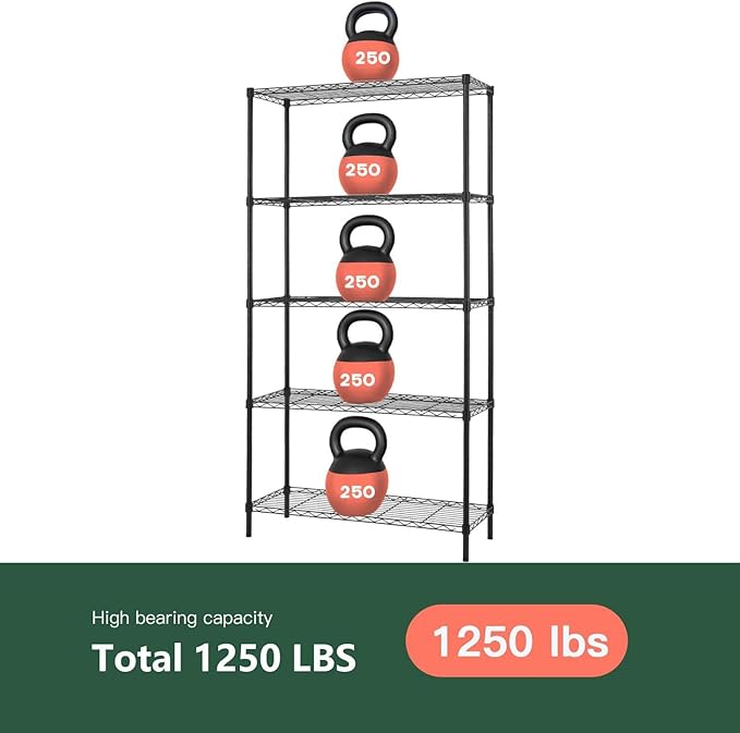 FDW 14" D×36" W×72" H Wire Shelving Unit Commercial Metal Shelf with 5 Tier Adjustable Layer Rack Strong Steel for Restaurant Garage Pantry Kitchen Garage，Black