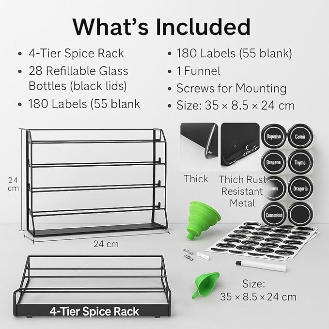 TOSCARA Spice Jar Rack Organizer for Cabinet! 28 Glass Jars with Black Lids! 4 Tier Seasoning Storage Shelf with 180 Labels, Funnel & Screws! Spices Organiser for Kitchen Countertop, Pantry, Cupboard