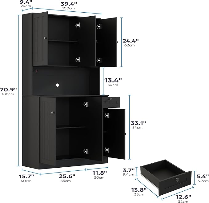 Furnify 71" Pantry Cabinet with Charging Station, Tall Kitchen Pantry Storage Cabinet with Microwave Stand, Farmhouse Kitchen Hutch with Storage Drawer for Living Room, Dining Room, Black