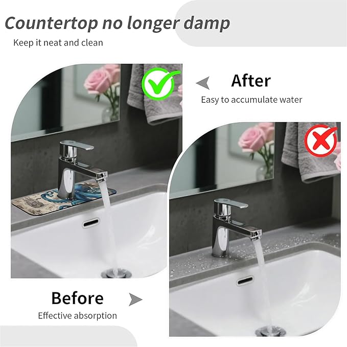 Kitchen Sink Splash Guard，Blue octopus and map Faucet Mat Sink Gadgets-Super Absorbent Fast Drying Mat Drip Catcher for Kitchen, Bathroom,Sink Mat, Dish Drying Mat, Bathroom(15" X 5.5" )