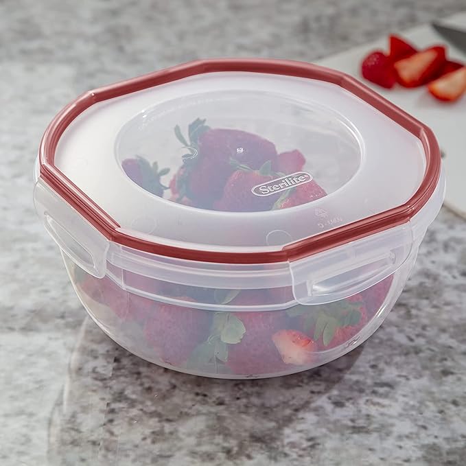 Sterilite Ultra-Seal 2.5 Qt Bowl, Airtight Food Storage Container, Plastic, Latching Lid, Microwave and Dishwasher Safe, Clear With Red Gasket, 1-Pack