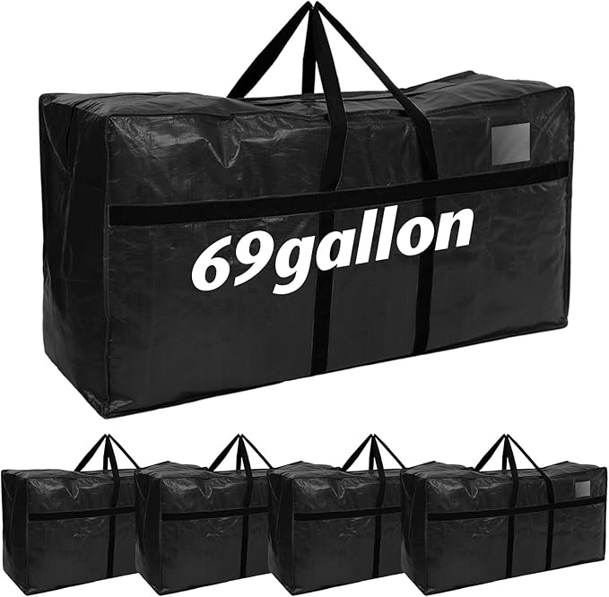 Windyun 6 Pack 69 Gallon Extra Large Moving Bags XXL Heavy Duty Storage Bag with Strong Zipper Handle Jumbo Big Tote Box Foldable for College Dorm Travel Clothes Duffle Blanket Pillow(Black)