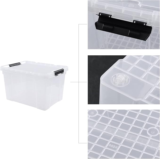 Obstnny 34 Quart Lidded Storage Bins 4 Packs, Plastic Latching Box with Wheels, Clear