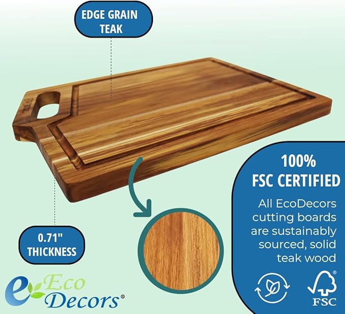 EcoDecors 14"x10" Teak Cutting Board with Juice Groove & Handle, FSC Certified Edge Grain Wood, Chopping, Carving & Serving Board for Kitchen
