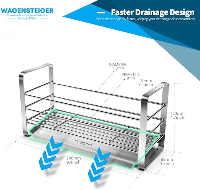 Stainless Steel Over Sink Organizer Rack, Sponge Holder, Soap Dispenser, Fast Drainage Kitchen Caddy with Removable Drainer Tray, Washbasin Caddy, Sink Drying Rack with Sloped Design