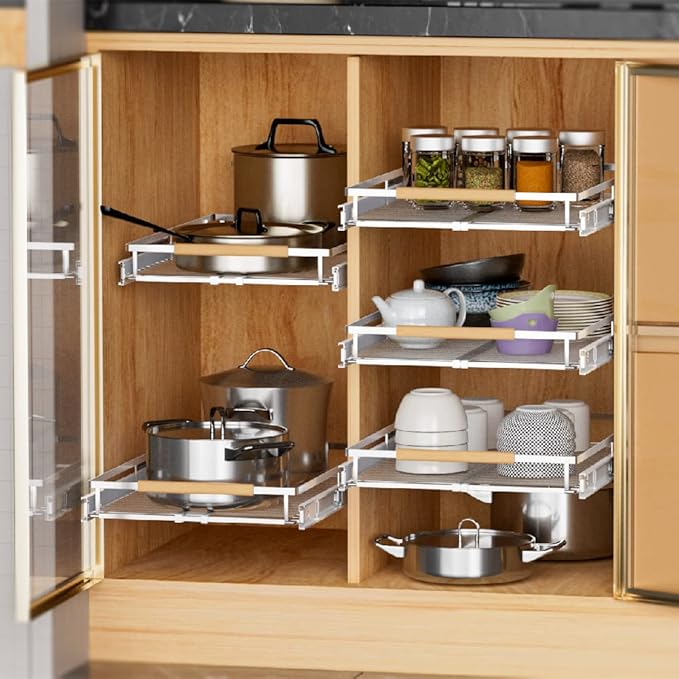 MIYUPTC Expandable Pull Out Cabinet Drawer, Slide Out Shelves Heavy Duty Metal, Kitchen Pantry Under Sink Storage Roll Out Drawer for Pots, Pans, 22.4''Deep(3 Pack)
