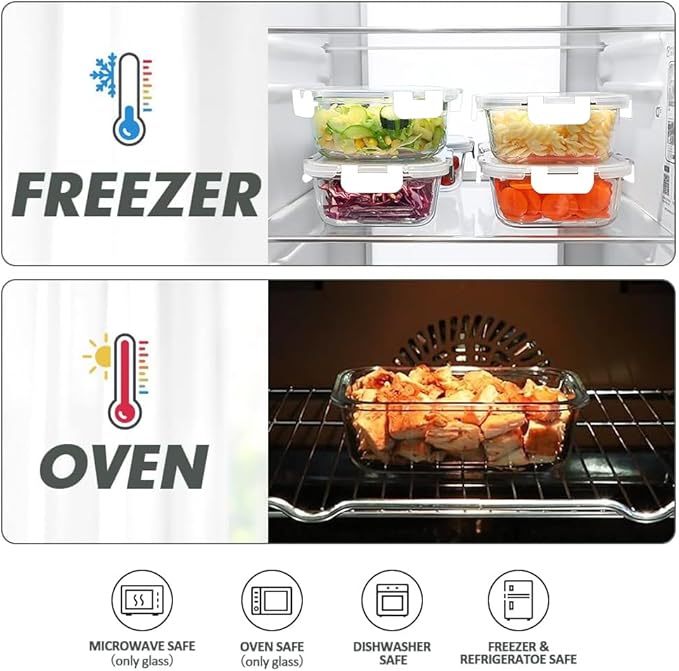 VERONES 12 Packs Glass Food Storage Containers Set, Airtight Glass Lunch Containers, Glass Meal Prep Containers with Lids,Exclusive of BPA, for Microwave, Oven, Freezer & Dishwasher Friendly,White