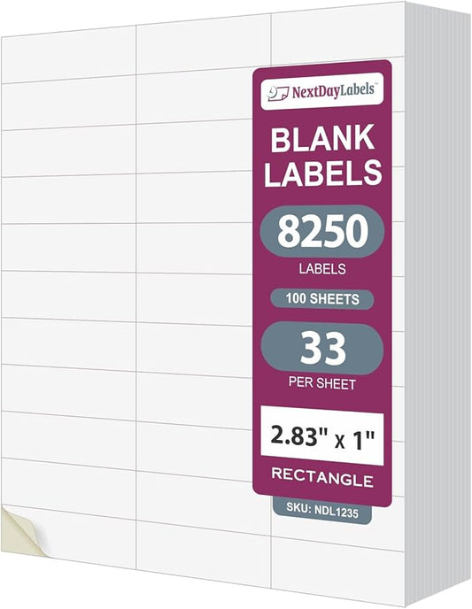 NextDayLabels 2.83x1 Inch Rectangle Stickers White Blank Labels for Laser Inkjet Printer - 33 Per Sheet Self-Adhesive Address Mailing Barcode Made in USA - 8,250 Labels