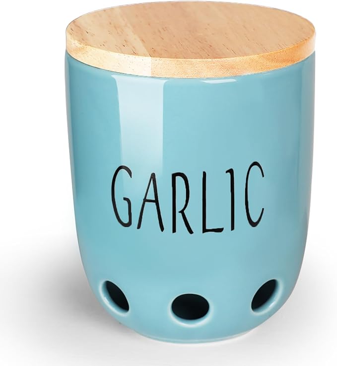 Ceramic Garlic Keeper for Counter, Garlic Saver Container with Wood Lid, Garlic Keeper for Kitchen, Garlic Holder to Keep Your Garlic Cloves Fresh Longer (Turquoise)