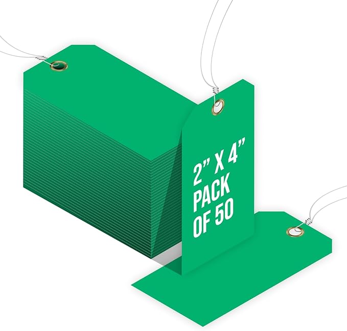 Tags 4 Less 15 Mil Blank Plastic Hang Tags with Attached Wires – 2" x 4" Heavy Duty Waterproof Hanging Labels for Outdoor Tagging, Equipment, Luggage, Valves & More (Green, Pack of 50)